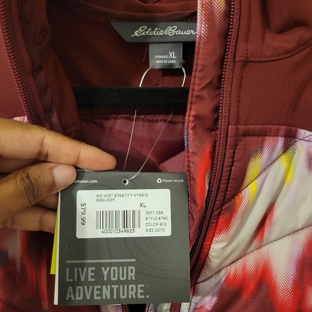 Eddie Bauer Womens Outdoor Hybrid Burgundy Tie Die Puffer Vest. Size XL - Picture 10 of 11